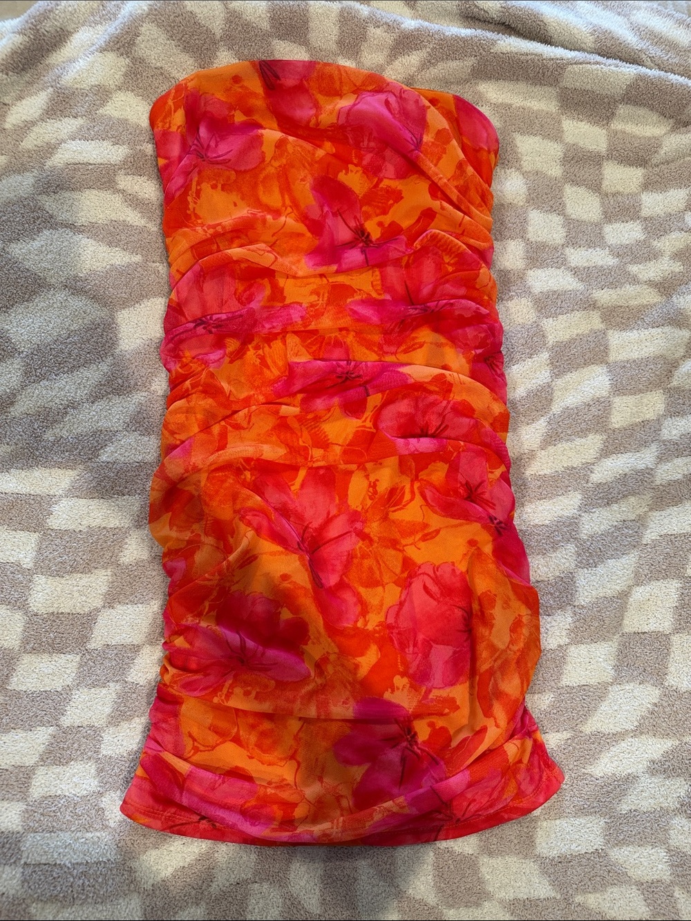 SHEIN Orange & Hot Pink Floral Strapless Mini Dress